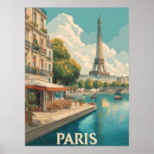 Vintage Paris : Eiffel Tower & Seine Café Poster