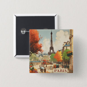 Vintage Paris Eiffel Tower Street Scene Button
