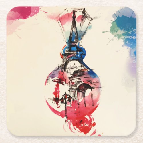 Vintage Paris Eiffel Tower Travel Love Watercolor Square Paper Coaster