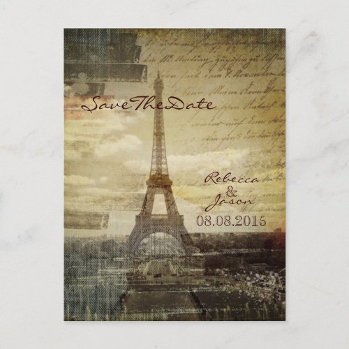 vintage Paris Eiffel Tower Wedding save the date Announcement Postcard