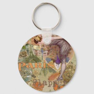 Vintage Paris Flapper Art Deco Peacock Collage Keychain