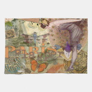 Vintage Paris Flapper Art Deco Peacock Collage Kitchen Towel