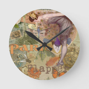 Vintage Paris Flapper Art Deco Peacock Collage Round Clock