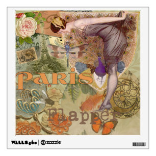 Vintage Paris Flapper Art Deco Peacock Collage Wall Sticker