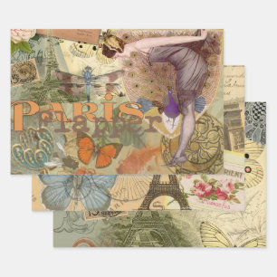 Vintage Paris Flapper Art Deco Peacock Collage Wrapping Paper Sheets