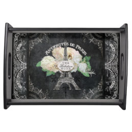 Vintage Paris Floral Roses Typography Eiffel Tower Serving Tray