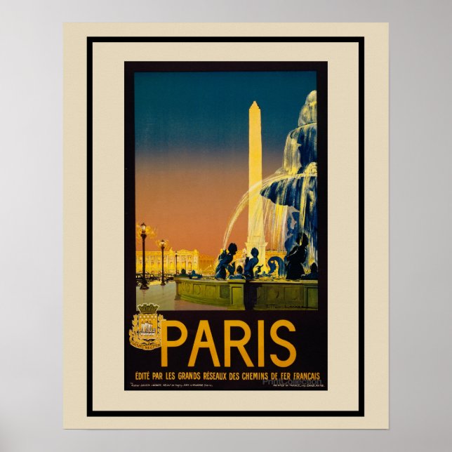 Vintage Paris Fountain Rail Travel Poster (Front)