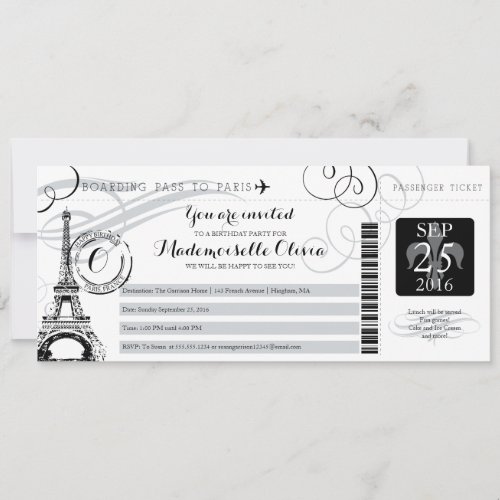 Vintage Paris France Birthday Party Boarding Pass Invitation