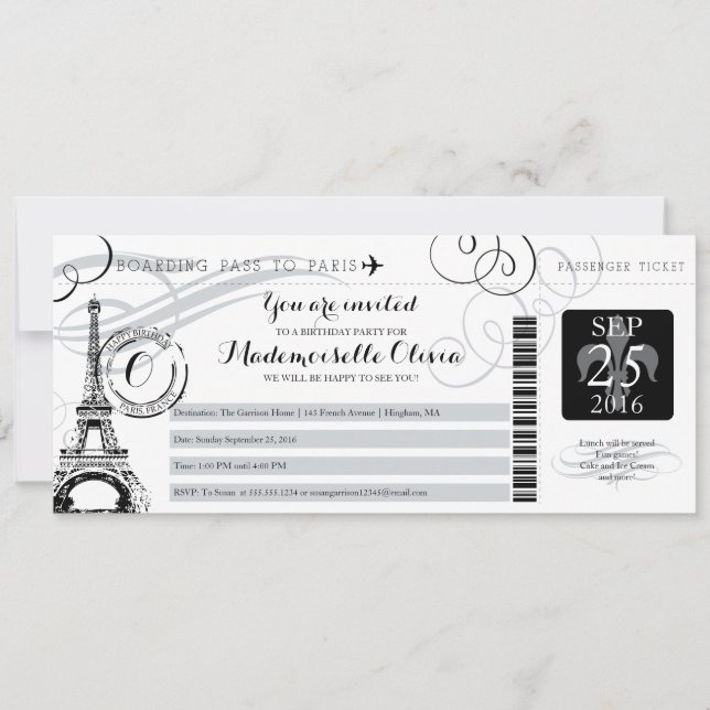 Vintage Paris France Birthday Party Boarding Pass Invitation (Front)