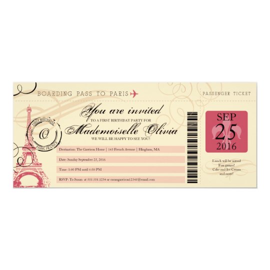 Vintage Paris France Birthday Party Boarding Pass Invitation
