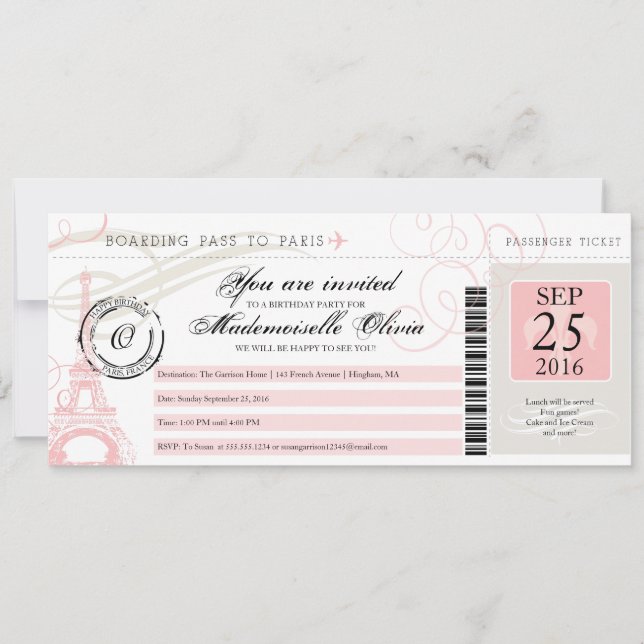 Vintage Paris France Birthday Party Boarding Pass Invitation (Front)