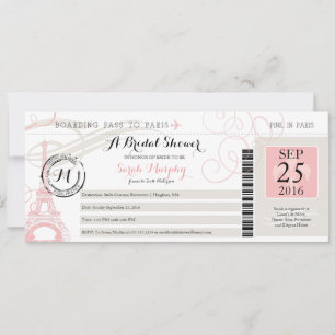 Vintage Paris France Bridal Shower Boarding Pass Invitation