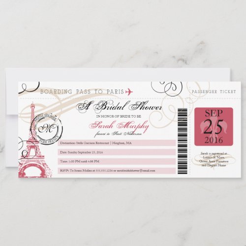 Vintage Paris France Bridal Shower Boarding Pass Invitation