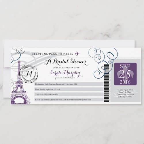 Vintage Paris France Bridal Shower Boarding Pass Invitation