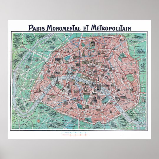poster carte paris Vintage Paris France Map 1932 Poster | Zazzle.com