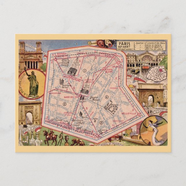 Vintage Paris France Map Postcard (Front)