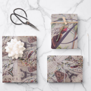Vintage Paris French Bird Botanical Eiffel Tower  Wrapping Paper Sheets