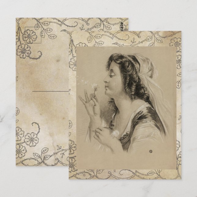 Vintage Paris Girl Dandelion Flower Postcard (Front/Back)