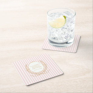 Vintage Paris Glam   Pink Stripe Bridal Shower Square Paper Coaster