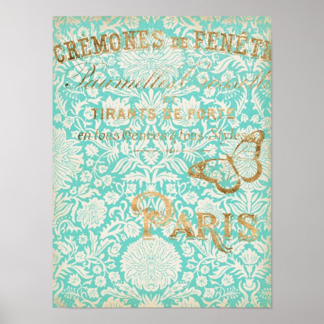Vintage Paris Gold Design With Butterfly Poster (Front)
