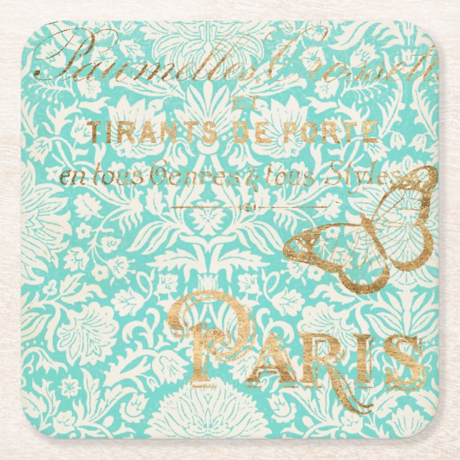 Vintage Paris Gold Design With Butterfly Square Paper Coaster (Front)