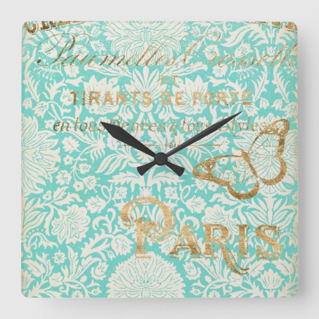 Vintage Paris Gold Design With Butterfly Square Wall Clock (Front)