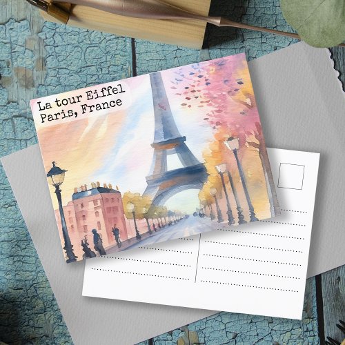 Vintage Paris La tour Eiffel Watercolor Postcard