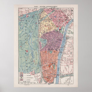 Vintage Paris Map, 1900 - 16th Arrondissement Poster