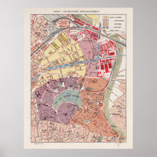 Vintage Paris Map, 1900 - 19th Arrondissement Poster