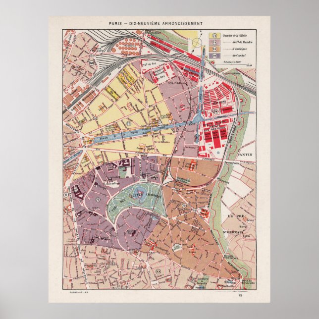 Vintage Paris Map, 1900 - 19th Arrondissement Poster (Front)