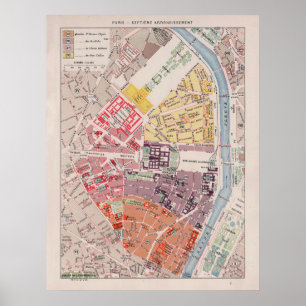 Vintage Paris Map, 1900 - 7th Arrondissement Poster