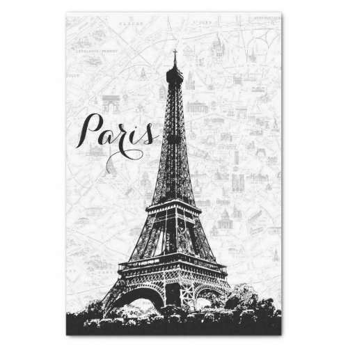 Vintage Paris Map Eiffel Tower Black and White Tissue Paper