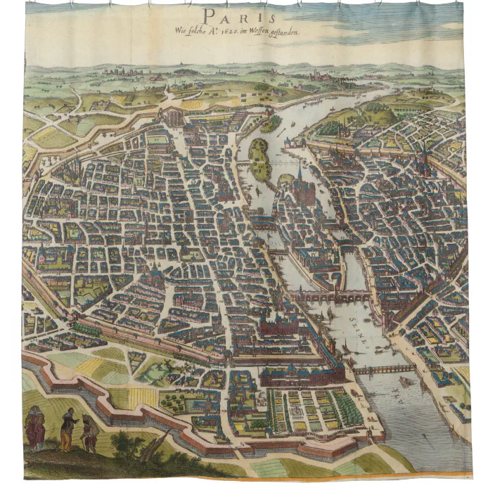 Antique Map of Paris Fabric Shower Curtain 