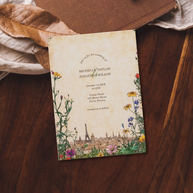 Vintage Paris Meadow Wildflower Destination Invitation (vintage paris wedding)