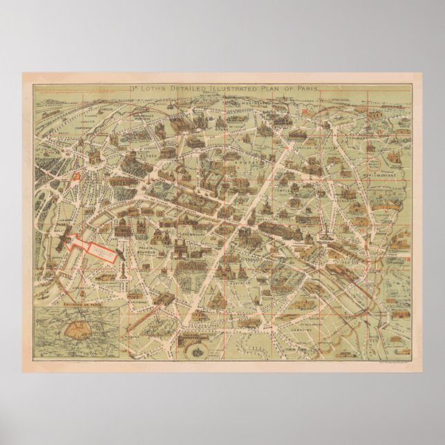Vintage Paris Monument & Landmark Map (1878) Poster (Front)