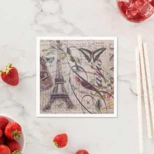 Vintage Paris Party French Botanical Eiffel Tower Napkins