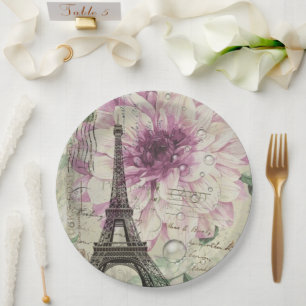 Vintage Paris Party French Botanical Eiffel Tower Paper Plates