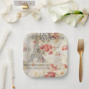 Vintage Paris Party French Botanical Eiffel Tower  Paper Plates