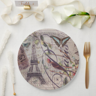Vintage Paris Party French Botanical Eiffel Tower Paper Plates