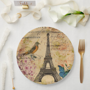Vintage Paris Party French Botanical Eiffel Tower Paper Plates