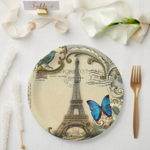 Vintage Paris Party French Botanical Eiffel Tower Paper Plates