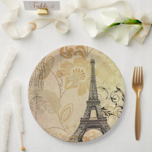 Vintage Paris Party French Botanical Eiffel Tower Paper Plates