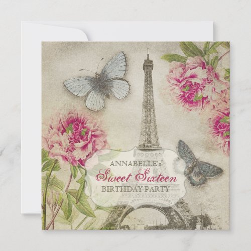 Vintage Paris Peonies Sweet Sixteen Birthday Party Custom Invitation