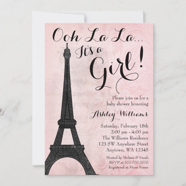 Vintage Paris Pink Black Girl Baby Shower Invitation (Front)