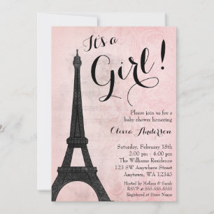 Vintage Paris Pink Black Girl Baby Shower Invitation