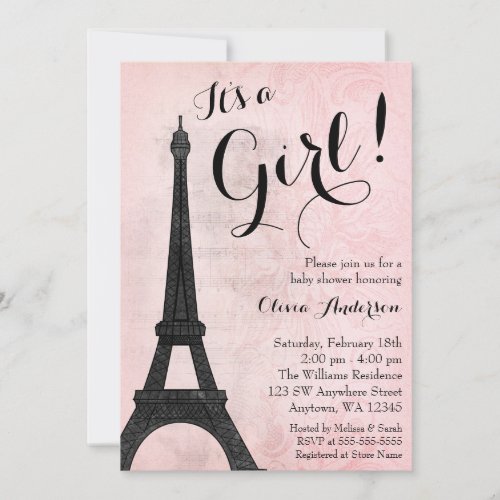 Vintage Paris Pink Black Girl Baby Shower Invitation