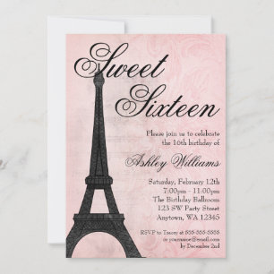 Vintage Paris Pink Black Sweet 16 Birthday Invitation