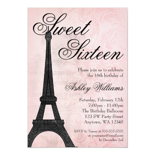 Vintage Paris Pink Black Sweet 16 Birthday Invitation ...