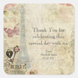Vintage Paris Pink Roses Lock & Key Chic Wedding Square Sticker