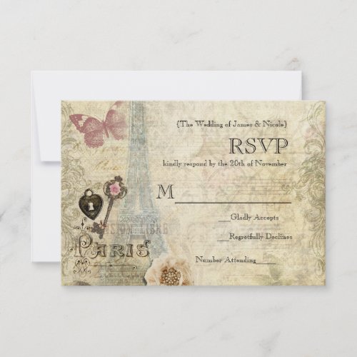 Vintage Paris Pink Roses Lock  Key Wedding RSVP